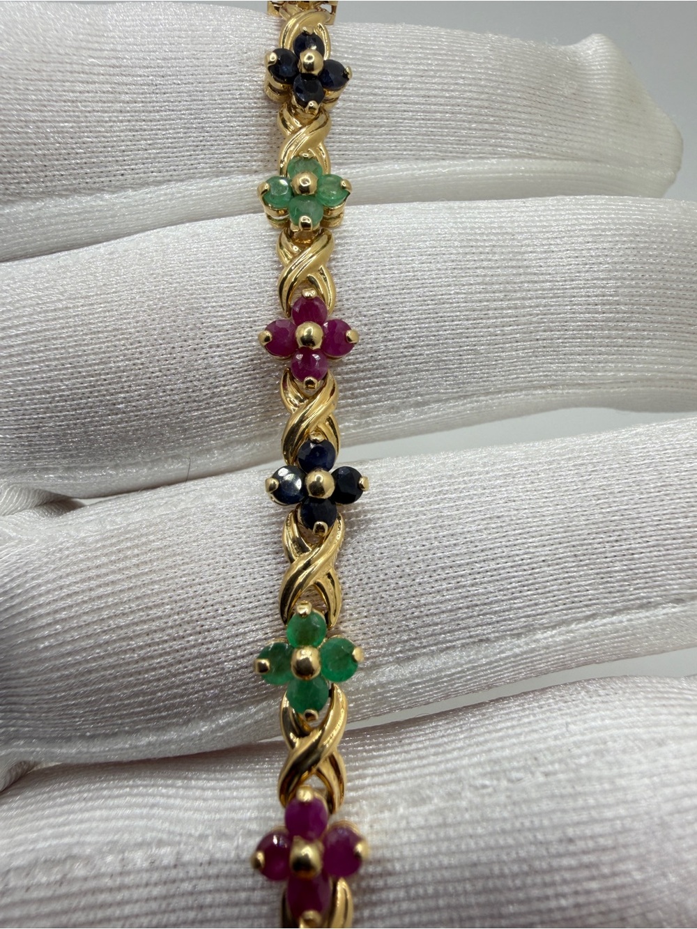 7" Vintage 4.84ctw Ruby, Sapphire, Emerald Flower Tennis Bracelet in 14kt YG! - Picture 10 of 12